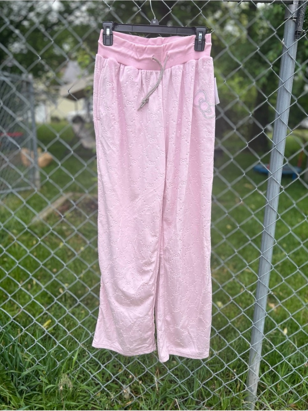 Hello Kitty Pink Velour Lounge Pants Rhinestone Logo Drawstring Womens M